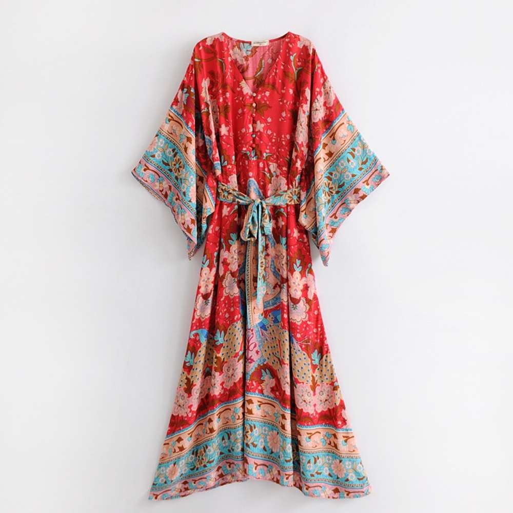 056 Boho gypsy wide sleeve red Midi dress cover up - Picture 2 of 12